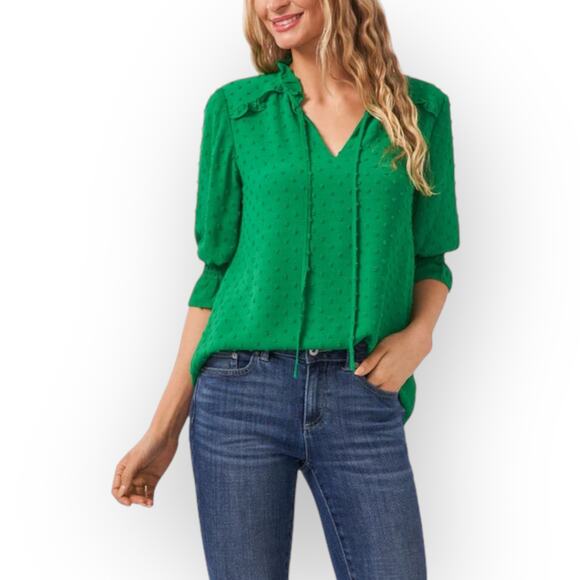 CeCe Tops - CeCe Clip Dot Tie Front Top XS Lush Green Kelly Green Swiss Dot Tie Neck 7021016